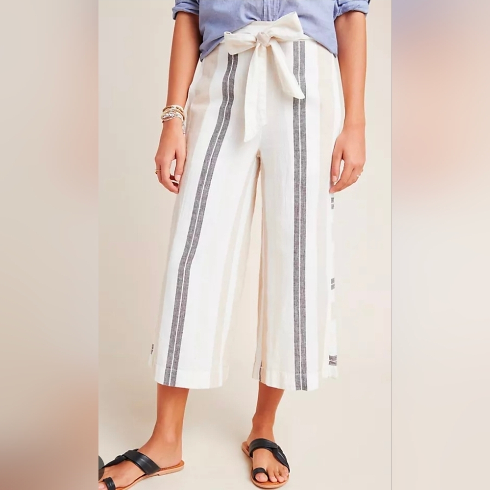 Anthropologie White and Gray Striped Wide Leg Pants